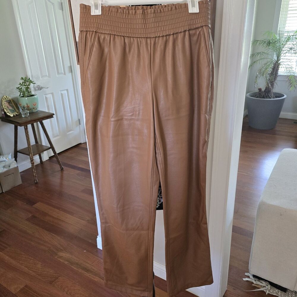 JOIE NEW Faux Leather Smocked-Cinched Waist Straight Leg Boutique M Slacks Lux